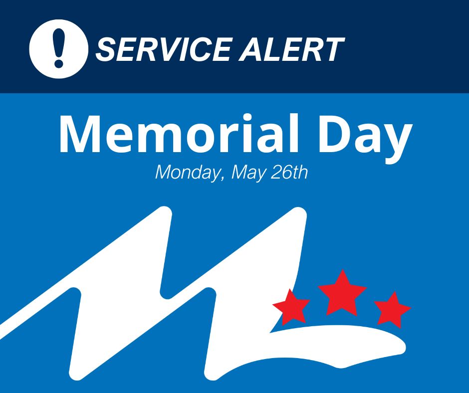 🇺🇸 MEMORIAL DAY CLOSURE ‼️

MetroLink Tulsa will be CLOSED Monday, May 26 in observance of Memorial Day. NO SERVICE  will be provided, including LinkAssist and MicroLink.

🚫 Both Denver Avenue Station and Midtown Memorial Station will be CLOSED, including the attendant booths.
