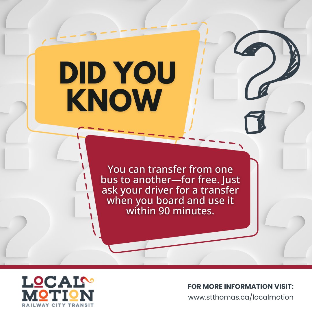 #TransitTuesday
Making more than one stop? Don’t worry—your transfer’s on us!

Ask your driver for a transfer when you board and use it within 90 minutes to hop on another route, free of charge. 🚌💨

#TheRailwayCity #LocalMotion #RailwayCityTransit