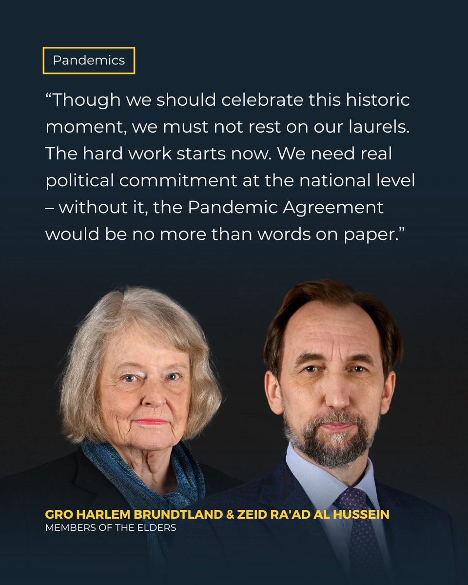 Yesterday, countries agreed the world's first global treaty on pandemics.

This gives us a window of opportunity to improve the world's pandemic preparedness, which must not be squandered.

Read Elders Gro Harlem Brundtland and Zeid Ra’ad Al Hussein in Le Monde - link in replies.