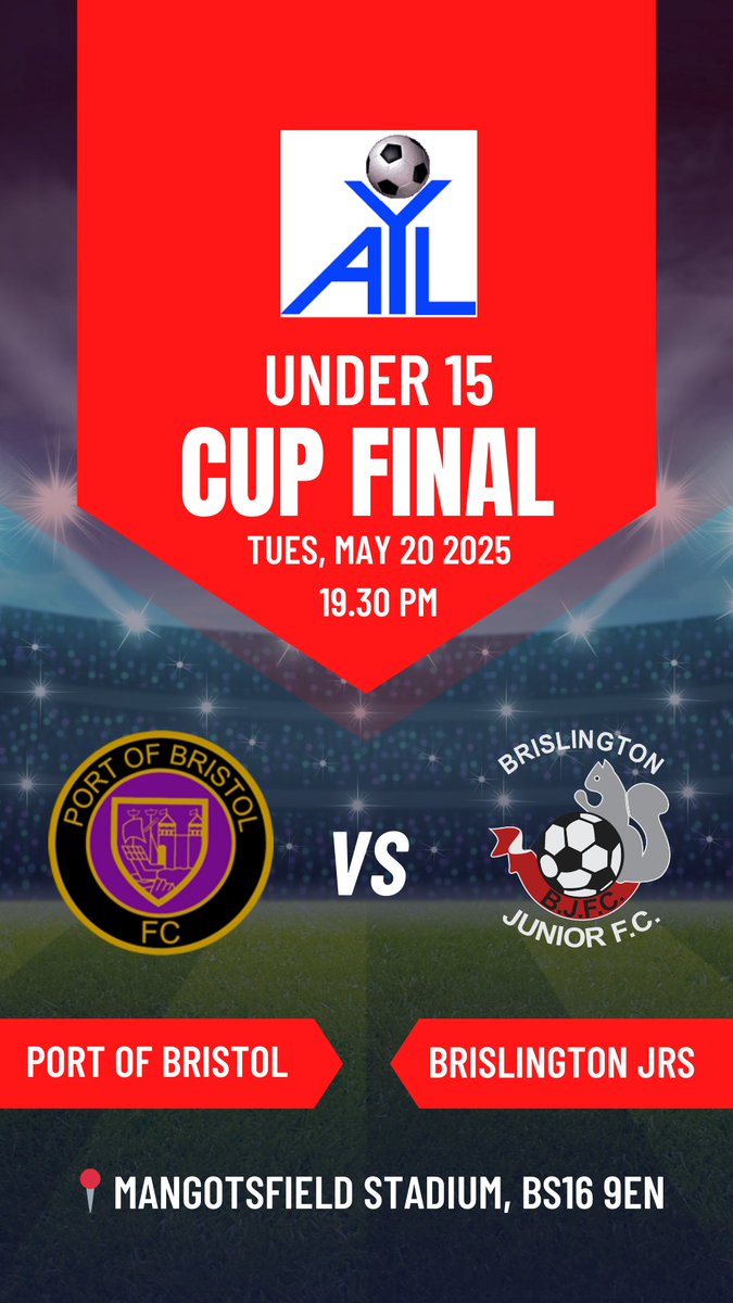Our U15s are going for the treble tonight at Mangotsfield! 🔴⚫
Do come along and give them your support 👏⚽
🕖 KO: 7.30pm
📍 Mangotsfield FC, BS16 9EN
💰 £2 adults | £5 family | u16 Free (cash only)
 
#UpTheBris #TrebleChasers