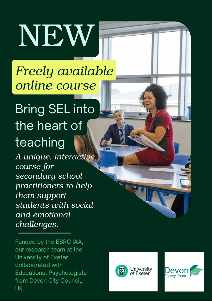 Freely available online course for all secondary staff to maximise student success

✅Evidence-based techniques
✅Build a safe and inclusive classroom climate
✅Certificate of completion

👉 Sign up using your school email address and code: SEL2025 learn.exeter.ac.uk/course/view.ph…