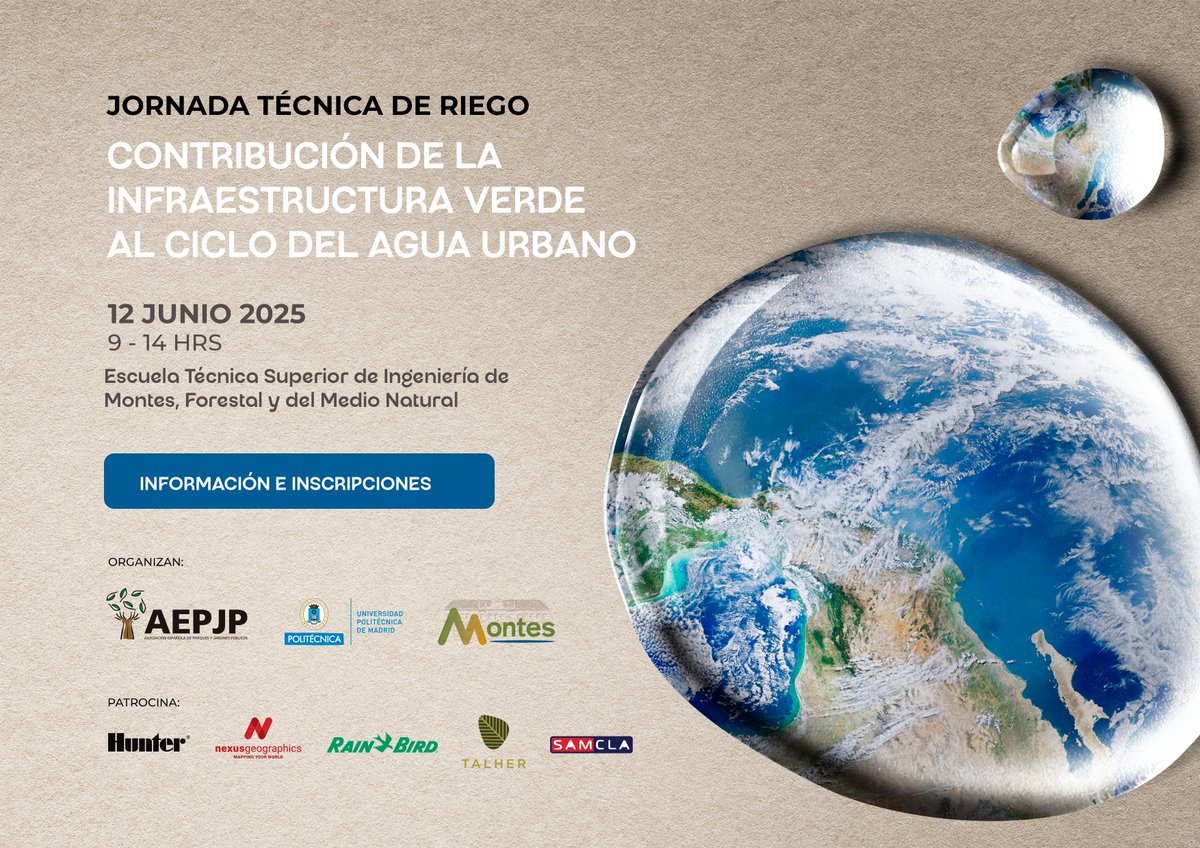 💧🌿 Inscripciones abiertas para la Jornada de Riego en Madrid: “La contribución de la infraestructura verde al ciclo del agua urbano”.
📅 19 de junio
📍 Madrid
🔗 nueva.aepjp.es/jornadas-y-enc…
#AEPJP #InfraestructuraVerde #GestiónDelAgua