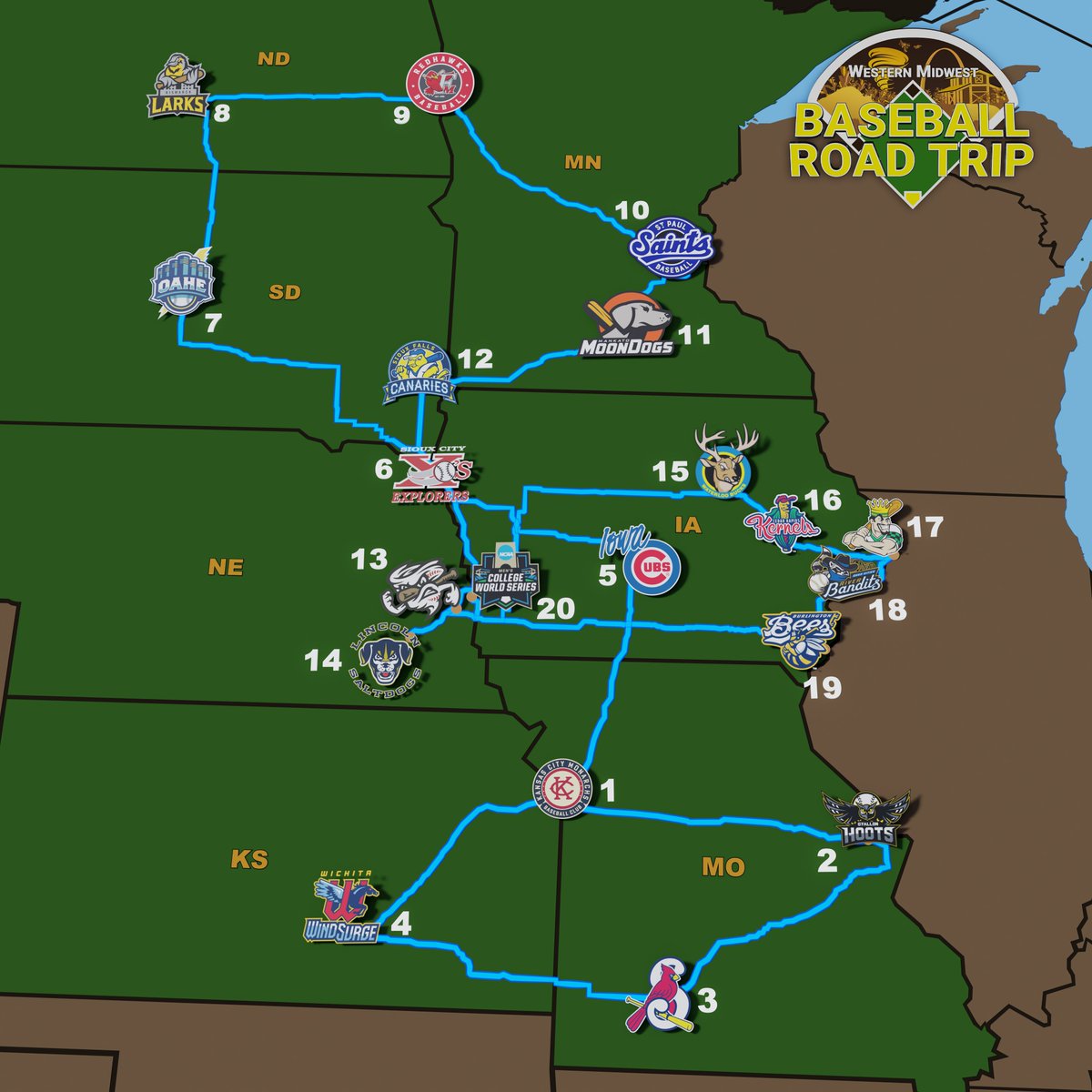 This Saturday, my dad and I will embark upon another big baseball road trip: 20 ballparks in 21 days across the Western Midwest (MN, IA, MO, ND, SD, NE, KS), including all 7 <a href="/MiLB/">Minor League Baseball</a> teams in the region and many sights along the way!

A walkthrough🧵

#WMWRoadTrip #20ballparks21days