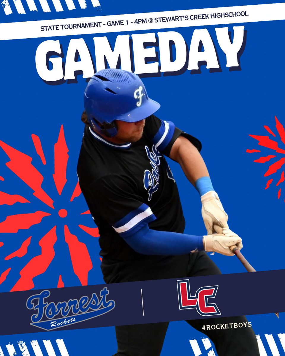 Forrest Baseball (24-8) is set to take on the Liberty Creek Wolves in Game 1 of the TSSAA State Tournament. 

Game time is set for 4 pm. 

Game will be at Stewart’s Creek High School.

Come out today and support the Rockets Baseball team!

#RocketBoys