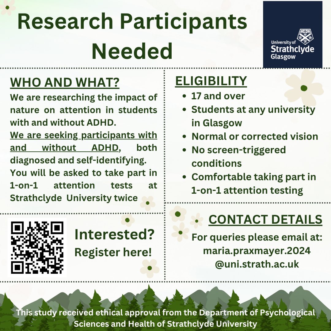 Want to help research how nature affects attention?
Maria at Strathclyde Uni is studying students with &amp; without ADHD.
Take part in 2 short 1-on-1 tests on campus.
Interested?
Email: maria.praxmayer.2024@uni.strath.ac.uk
Or sign up via the QR code!
#ADHD #ResearchStudy