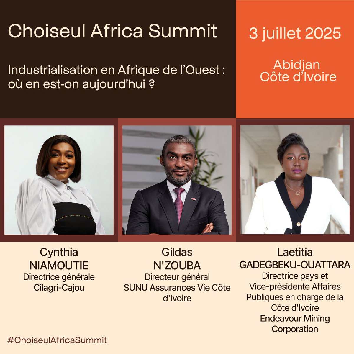 [#ChoiseulAfricaSummit] Ils seront à nos côtés pour porter la voix de l'action et de l'engagement 🗣️

Le #ChoiseulAfricaSummit revient le 3 juillet à Abidjan avec un focus sur l’#industrialisation de l’Afrique de l’Ouest !

À la Maison de l’entreprise – <a href="/Cgeci_Officiel/">CGECI - Le Patronat Ivoirien</a> 📍,