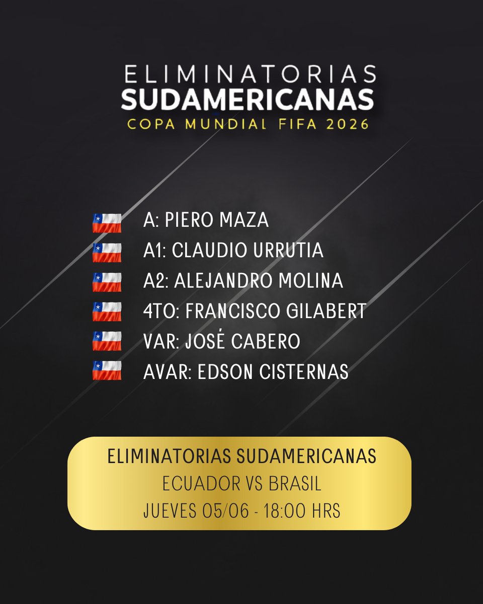 Compartimos designación arbitral para Eliminatorias Sudamericanas fecha 5 de junio 🇨🇱🟨🟥

#arbitrosprofesionales #arbitroschilenos #arbifup #eliminatorias2026