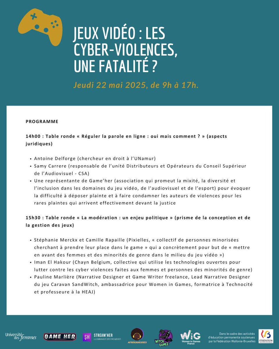 L'Université des femmes à Bruxelles organise la journée d’étude "Jeux vidéos : les cyberviolences, une fatalité ?” contre les discriminations liées au genre, qui prolifèrent dans l’industrie des jeux vidéo.

Découvrez le programme ci-dessous 👇