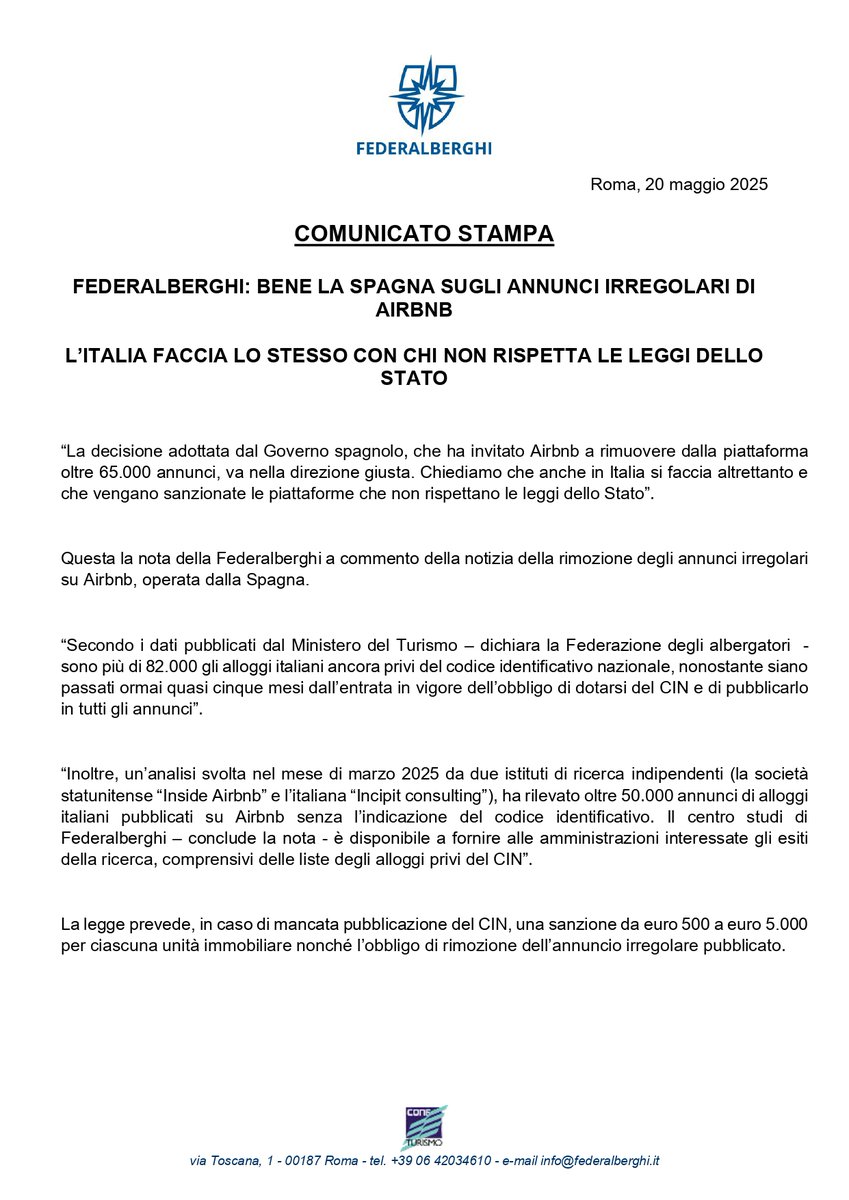 COMUNICATO STAMPA FEDERALBERGHI NAZIONALE 📰

#DailyNews #Federalberghi #Turismo #alberghi