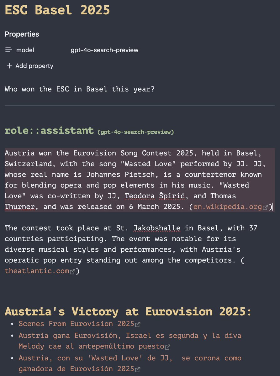 🚀 ChatGPT MD for <a href="/obsdmd/">Obsidian</a> v2.4.0 with LIVE web search via gpt-4o-search-preview! GPT-4o can search the internet, cite sources, access current information from your Obsidian notes.
github.com/bramses/chatgp…
Plus: Full support for o1/o3/o4-mini, GPT-4.1, and GPT-4.5 models!