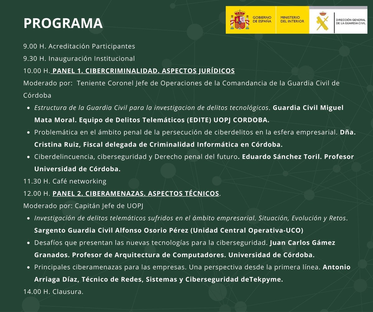 La Comandancia de la <a href="/guardiacivil/">Guardia Civil</a>  de Córdoba, en colaboración con el Parque, la Universidad de Córdoba y la Fiscalía Provincial de Córdoba, organiza estas jornadas sobre #Ciberseguridad 
📅 3 de junio
🕘 9.00 horas
🏫 Rectorado de la UCO
Apúntate ya en: ciberdelitosenlaempresa.eventbrite.es