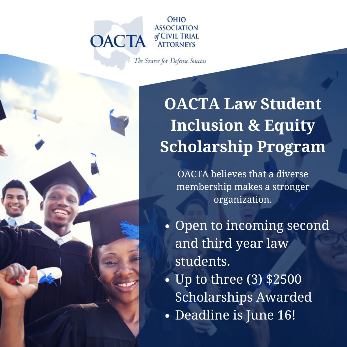 Diversity makes us stronger! #OACTA Law Student Inclusion &amp; Equity Scholarship Program is now taking applications, up to three $2500 scholarships will be awarded. The deadline for applications is June 16. Visit the link for scholarship criteria &amp; apply! rebrand.ly/0o92kw0