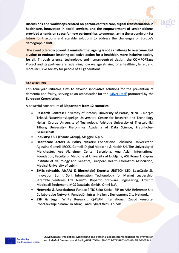 AceAlzheimer's tweet photo. 🚀 The new @comfortage_eu newsletter is here!

Proud to support this EU effort advancing #DementiaPrevention, #HealthyAgeing &amp; #PersonalizedCare.

🧠 Driven by science.
💡 Fueled by #AI &amp; #DigitalHealth.

#AgeingDeal #COMFORTageproject #Dementia #HealthyAgeing #AI  #Prevention https://t.co/M5wnGXqfoO