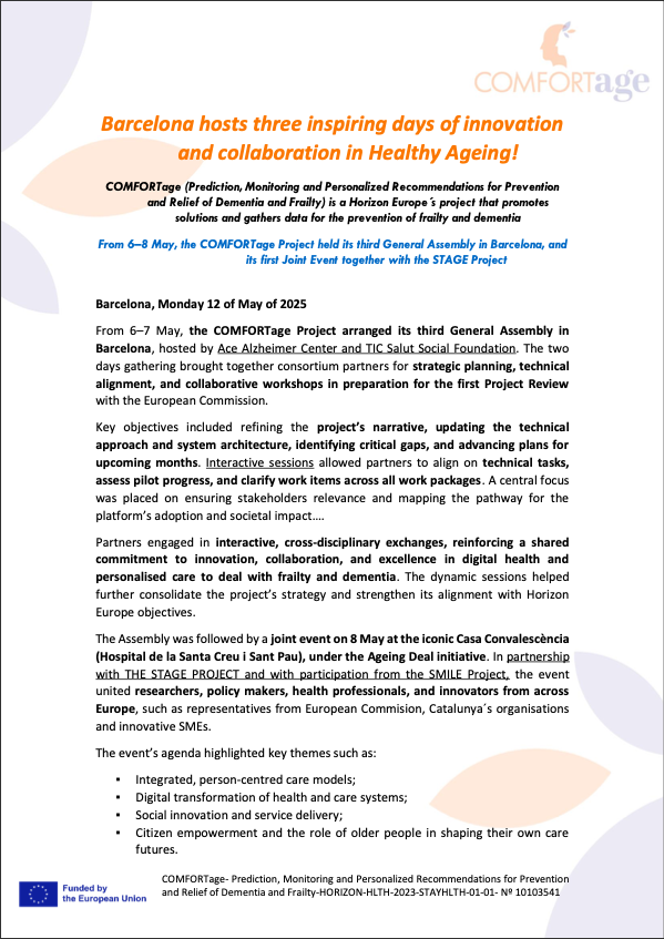 AceAlzheimer's tweet photo. 🚀 The new @comfortage_eu newsletter is here!

Proud to support this EU effort advancing #DementiaPrevention, #HealthyAgeing &amp; #PersonalizedCare.

🧠 Driven by science.
💡 Fueled by #AI &amp; #DigitalHealth.

#AgeingDeal #COMFORTageproject #Dementia #HealthyAgeing #AI  #Prevention https://t.co/M5wnGXqfoO