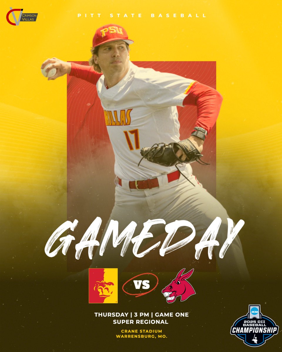 Pitt State Athletics 🦍 (@pittstgorillas) on Twitter photo 🚨IT'S GAMEDAY🚨
Pitt State Baseball faces Central Missouri for game one of their NCAA Division II Super Regional series 🦍⚾️
First pitch is at 3 PM in Warrensburg.
<a href="/GorillasBSB/">Pitt State Baseball ⚾️</a>|<a href="/pittstate/">Pittsburg State</a> 🚨IT'S GAMEDAY🚨
Pitt State Baseball faces Central Missouri for game one of their NCAA Division II Super Regional series 🦍⚾️
First pitch is at 3 PM in Warrensburg.
<a href="/GorillasBSB/">Pitt State Baseball ⚾️</a>|<a href="/pittstate/">Pittsburg State</a>