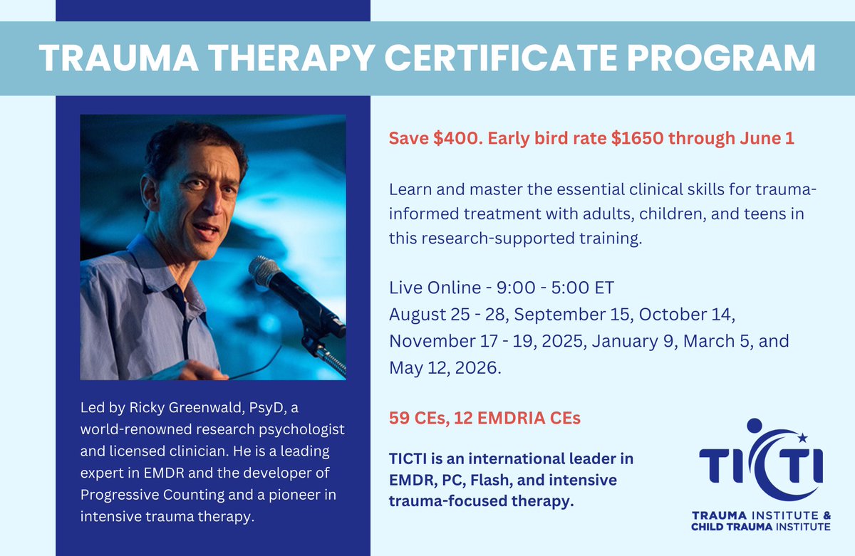 Trauma Therapy Certificate Program
Starts August 25

Learn and master the essential clinical skills for trauma-informed treatment with adults, children, and teens in this research-supported training.

Info and Registration: ticti.org/training/certi…
#intensivetherapytraining