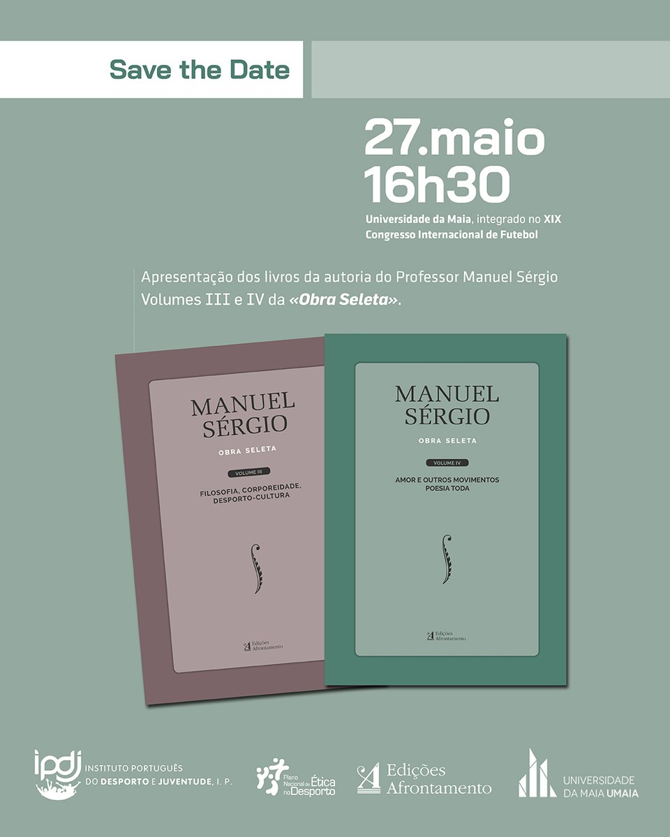 IPDJ I.P. (@ipdj_ip) on Twitter photo 📚 “Obra Seleta” de Manuel Sérgio celebrada com a apresentação dos Vols. III e IV, na Universidade da Maia.
Uma homenagem ao pensamento ético no desporto.
#IPDJ #PNED #ManuelSérgio #ObraSeleta #ÉticaNoDesporto 📚 “Obra Seleta” de Manuel Sérgio celebrada com a apresentação dos Vols. III e IV, na Universidade da Maia.
Uma homenagem ao pensamento ético no desporto.
#IPDJ #PNED #ManuelSérgio #ObraSeleta #ÉticaNoDesporto