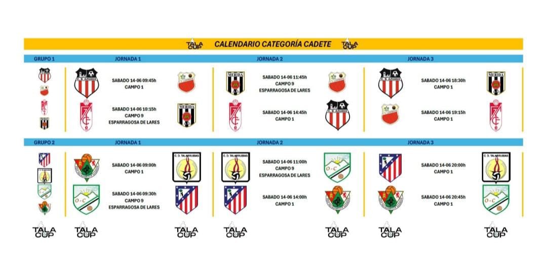 ef_adllerenense's tweet photo. ☀️⚽️ ¡El fútbol no para en verano!

🔜 Nuestros cadetes viajarán a Talarrubias el 14 y 15 de junio para jugar la #TalaCup 2025, en la que se enfrentarán en grupos a CD Azuaga, AD Mérida y Granada CF https://t.co/kxyOxT1HX9