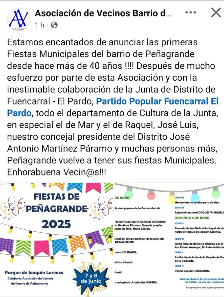 Mtnezparamo's tweet photo. 🥁Vecinos gracias! Así es,una primicia! Tal y como me comprometí,lanzamos las fiestas de Peñagrande con muchas ganas! El 7️⃣ y 8️⃣de junio os esperamos en parque Joaquín Lorenzo.Agradezco las palabras y la colaboración de @AVPGRANDE. 
Y Las Tablas y Montecarmelo también!
Vamos!🥳🎉 https://t.co/vJWunzSRi5
