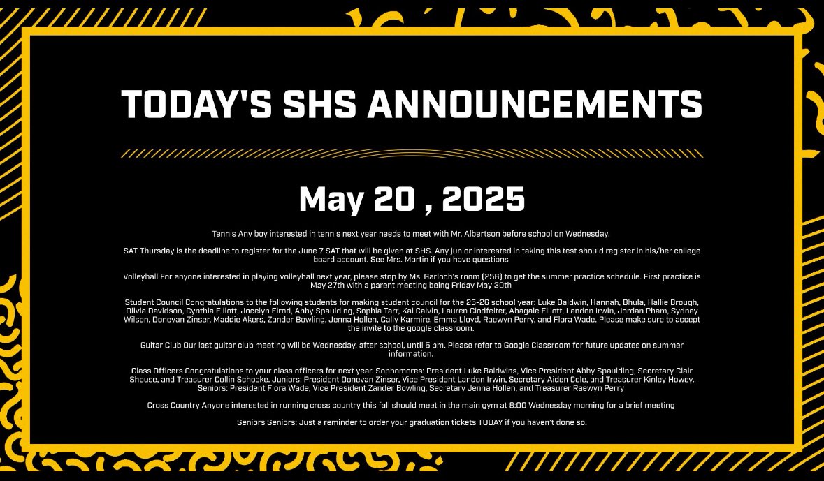 Salem High School’s announcements for today!!! May 20, 2025 #lionpride #salemhighschool #shs