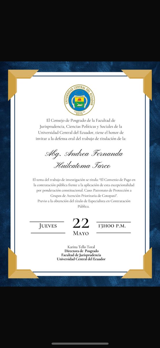 El <a href="/UcePosgradoFJ/">Posgrado Jurisprudencia UCE</a> de <a href="/JurisprudenciaU/">jurisprudenciaUCE</a> de <a href="/lacentralec/">Universidad Central del Ecuador</a> tiene el honor de invitar a la defensa oral de la Abg. Andrea Huilcatoma Tarco. Previo a la obtención del título de Especialista en Contratación Pública.