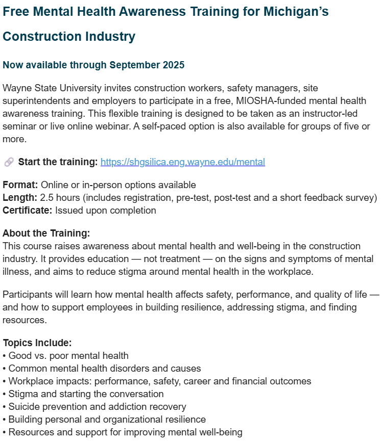 OCMiWorksNovi's tweet photo. @MI_OSHA will be having free mental health awareness training for Michigan's construction industry. Please visit their website for more information. https://t.co/1RJLP01fOq