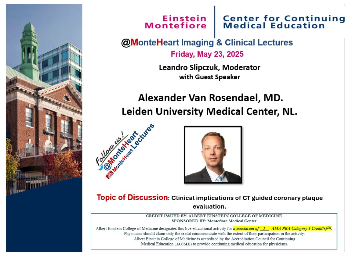 Montefiore Heart (@monteheart) on Twitter photo Don’t miss the next <a href="/MonteHeart/">Montefiore Heart</a> Lecture!
🗓️ May 23, 2025 | 🕛 12–1 PM EST
🎤 <a href="/ARrosendael/">Alexander Rosendael</a>
🎙️ Moderator: <a href="/CardioMDPhD/">Leandro Slipczuk</a>
🩺 Clinical implications of CT guided coronary plaque evaluation
🔗 einsteinmed.zoom.us/j/94170046499
🌍 einsteinmed.zoom.us/u/abo8AwxNx2
Join us for the conversation!
#CardioX Don’t miss the next <a href="/MonteHeart/">Montefiore Heart</a> Lecture!
🗓️ May 23, 2025 | 🕛 12–1 PM EST
🎤 <a href="/ARrosendael/">Alexander Rosendael</a>
🎙️ Moderator: <a href="/CardioMDPhD/">Leandro Slipczuk</a>
🩺 Clinical implications of CT guided coronary plaque evaluation
🔗 einsteinmed.zoom.us/j/94170046499
🌍 einsteinmed.zoom.us/u/abo8AwxNx2
Join us for the conversation!
#CardioX