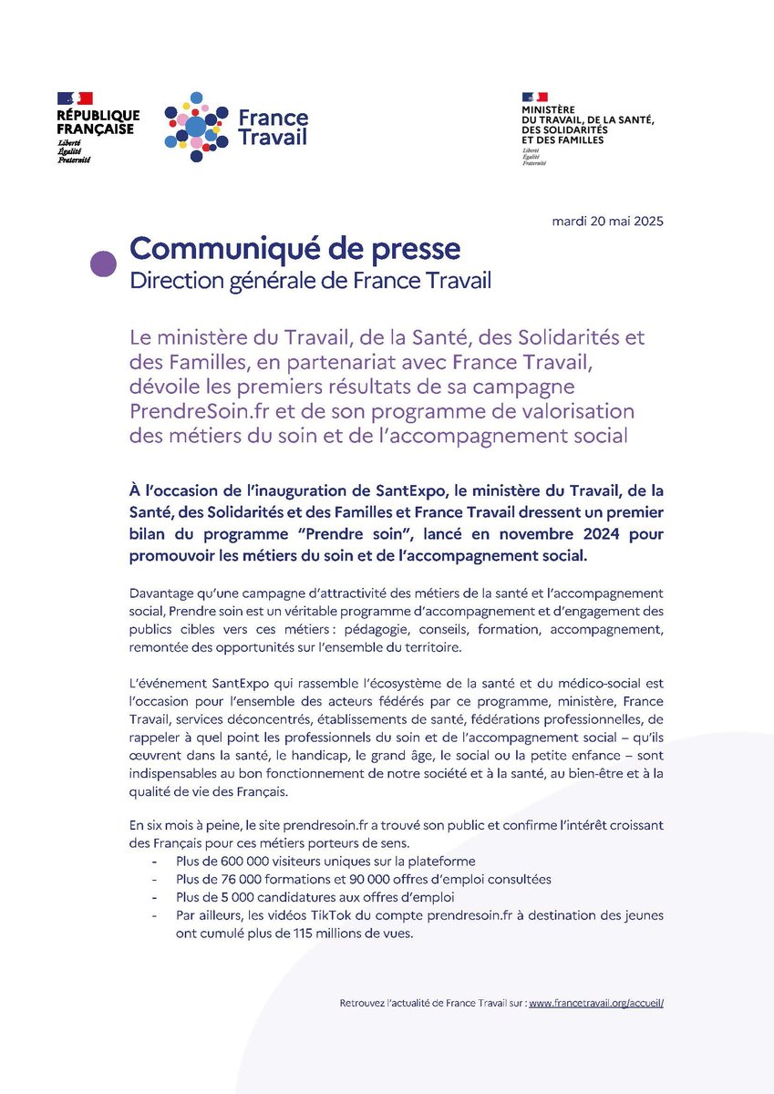 France Travail (@francetravail) on Twitter photo ⚕️ À l'occasion de l'ouverture du salon <a href="/parisSANTEXPO/">SantExpo</a>, le Ministère de la <a href="/Sante_Gouv/">Ministère de la Santé et de l'Accès aux soins</a> et France Travail dévoilent les premiers résultats du programme "Prendre soin", lancé en novembre 2024 pour promouvoir les métiers du soin et de l'accompagnement 📣
🔗 francetravail.org/accueil/commun… ⚕️ À l'occasion de l'ouverture du salon <a href="/parisSANTEXPO/">SantExpo</a>, le Ministère de la <a href="/Sante_Gouv/">Ministère de la Santé et de l'Accès aux soins</a> et France Travail dévoilent les premiers résultats du programme "Prendre soin", lancé en novembre 2024 pour promouvoir les métiers du soin et de l'accompagnement 📣
🔗 francetravail.org/accueil/commun…