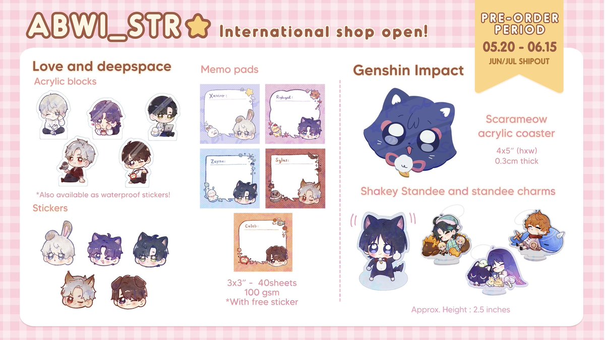 abwi_str's tweet photo. RTs 🥺💛

My Intl sh0p is once again open for pre-0rders 😚✨
Added some new caleb &amp; xavier merch 🍎⭐️
Also Free sylus (late bday) sticker for every lads order!
PO period: 5.20 - 6.15
Est. Ship out: mid july

⭐️https://t.co/TKh1gjxX7w⭐️

#LoveandDeepspace #genshin https://t.co/577tOIKsnO