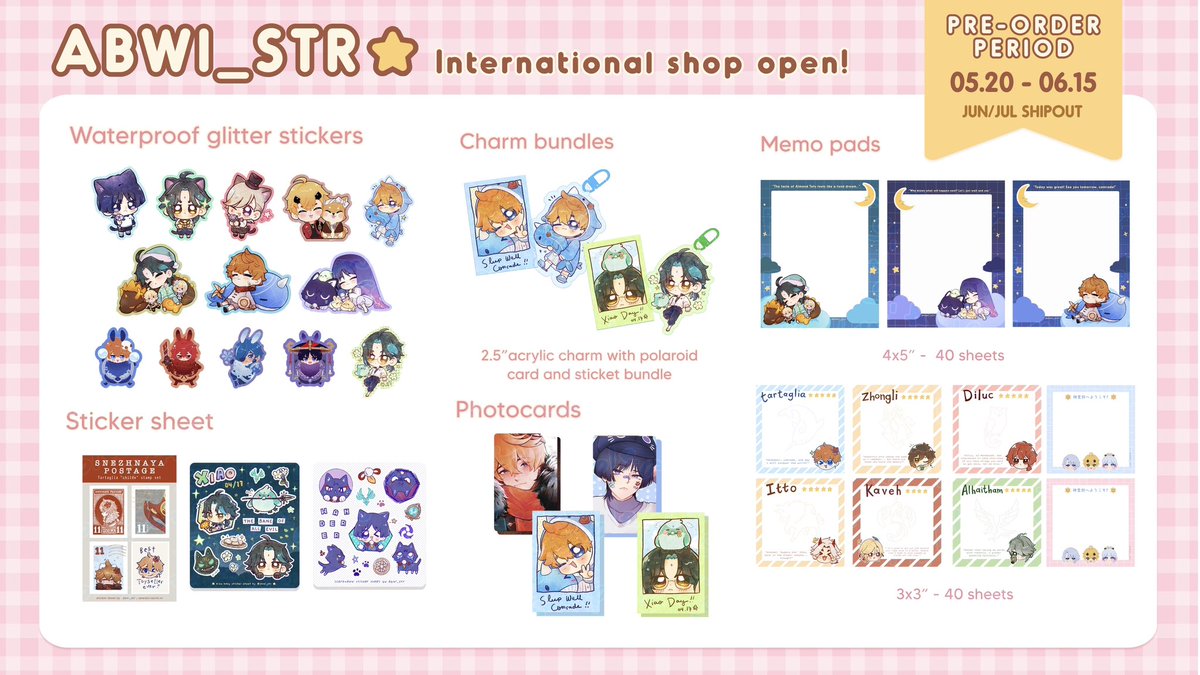 abwi_str's tweet photo. RTs 🥺💛

My Intl sh0p is once again open for pre-0rders 😚✨
Added some new caleb &amp; xavier merch 🍎⭐️
Also Free sylus (late bday) sticker for every lads order!
PO period: 5.20 - 6.15
Est. Ship out: mid july

⭐️https://t.co/TKh1gjxX7w⭐️

#LoveandDeepspace #genshin https://t.co/577tOIKsnO