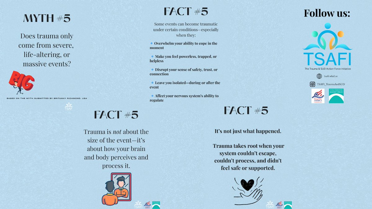 DrugFreeAmerica's tweet image. TSAFI continues to debunk the myths about trauma and addiction with science. Today’s myth was shared by Brittany Richmond from the U.S. #TSAFI #MHAM2025 #TraumaInformedCare
.
instagram.com/p/DJ4FTefObpB/