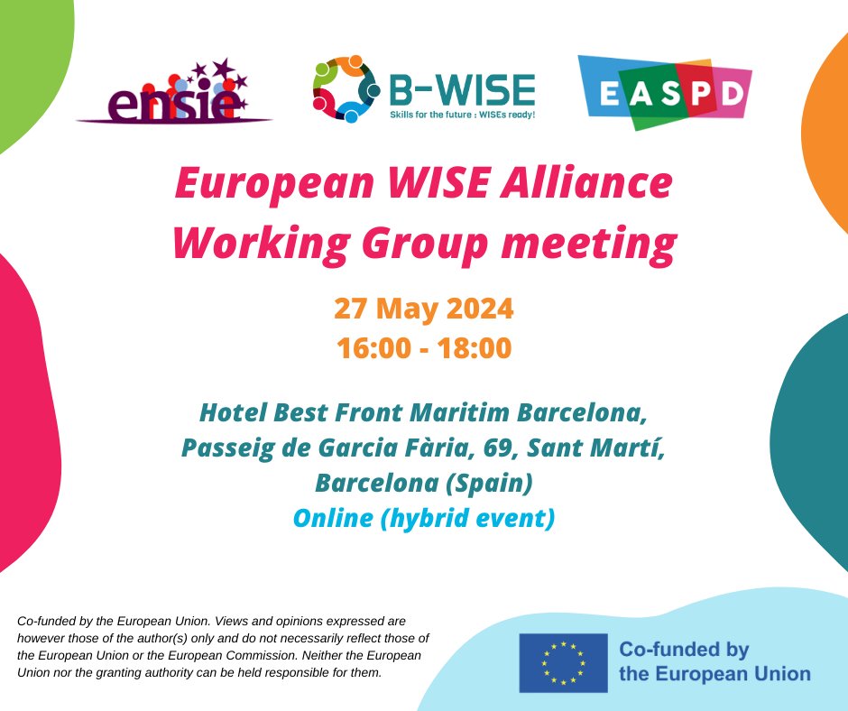📅 ONE WEEK TO GO! 
Join us on 27 May in Barcelona or online for the European WISE Alliance Working Group Meeting – a key event to connect, share practices andsupport upskilling in #WISEs. 
🔗 Info and registration: bit.ly/3YR1DV3