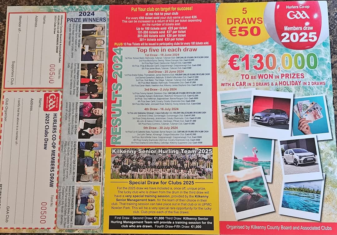 Kilkenny GAA Hurlers Co-Op Draw tickets now on Sale.
€50 for 5 draws with 1st draw on 10th June
Prizes include cars, holidays and Cash.
Tickets can be bought from any committee member or revolut club secretary on 087 9207047
Your support is very much appreciated 🇳🇬