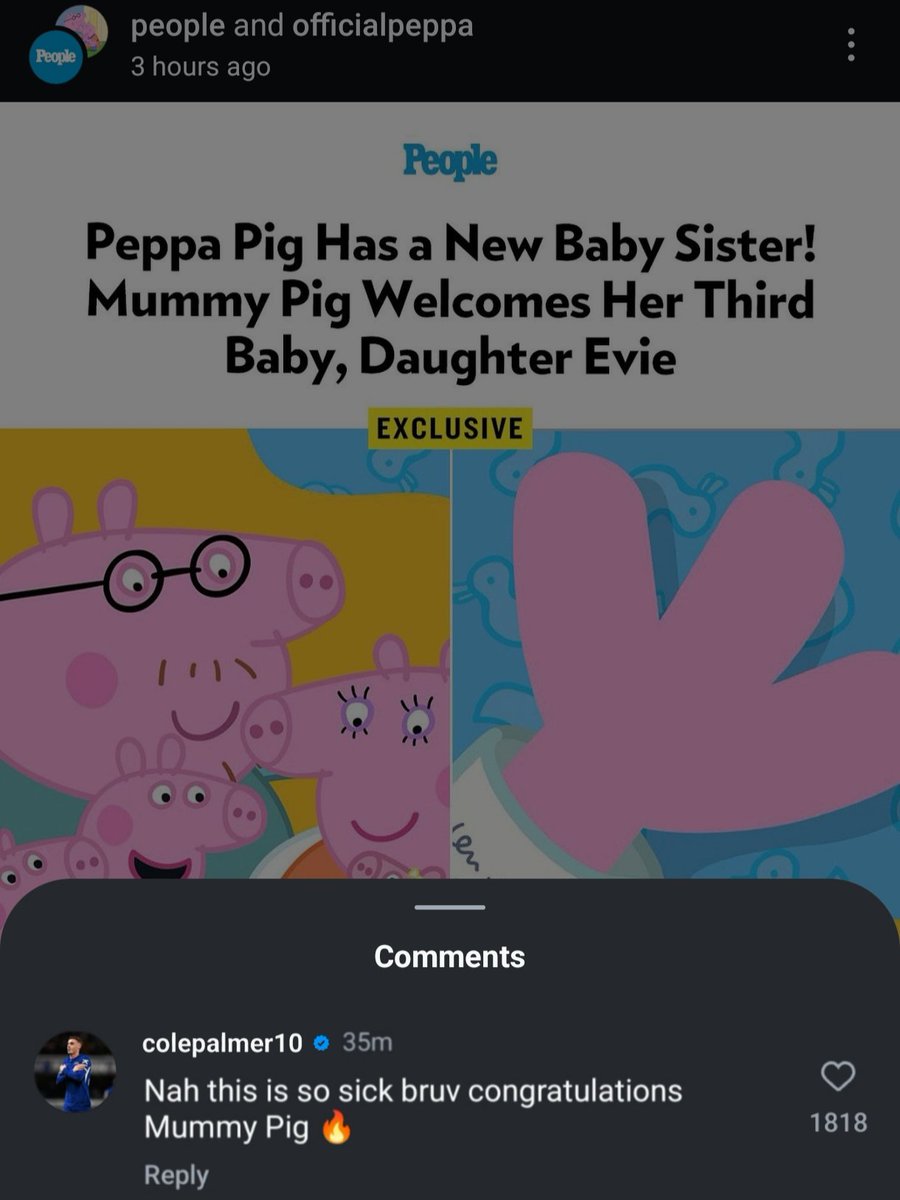 🚨 | Cole Palmer congratulates Mummy Pig on the arrival of her new daughter Evie Pig.