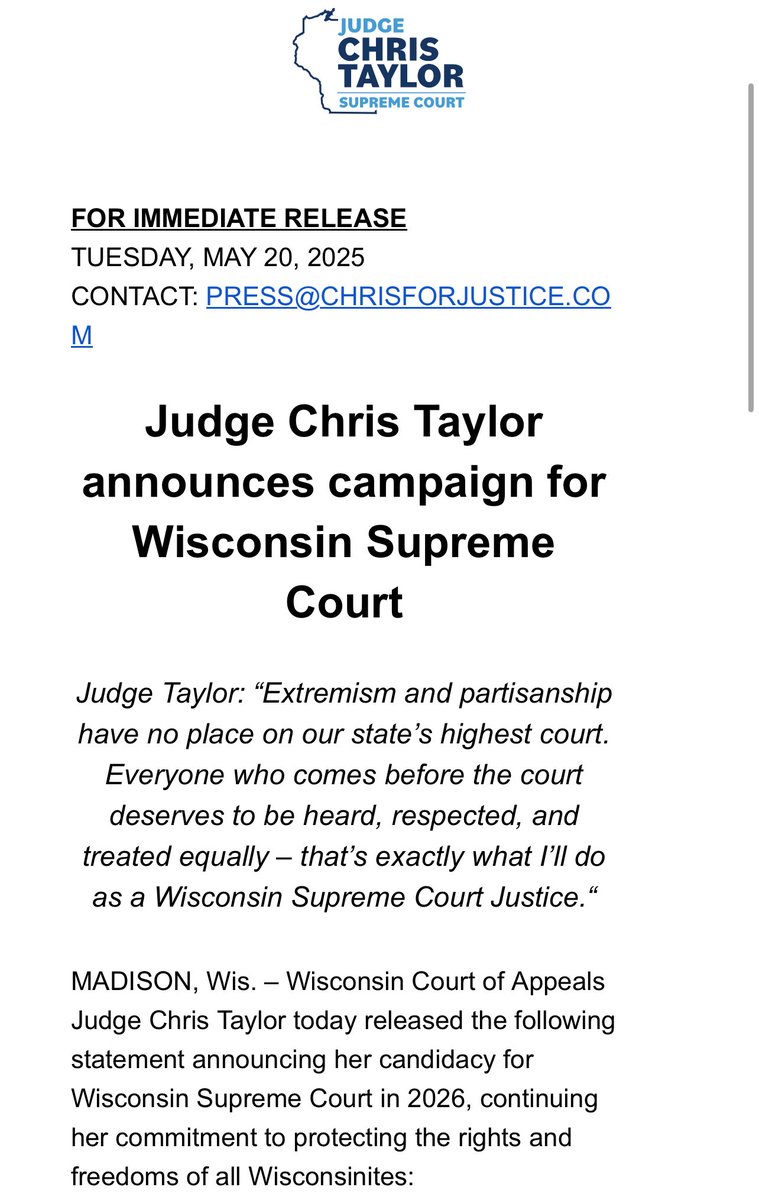 2026 SCOWIS News: 

Wisconsin Appeals Court Judge &amp; former dem lawmaker <a href="/ChrisTaylorWI/">Chris Taylor</a> launches a bid against conservative state Superme court Justice Rebecca Bradley.