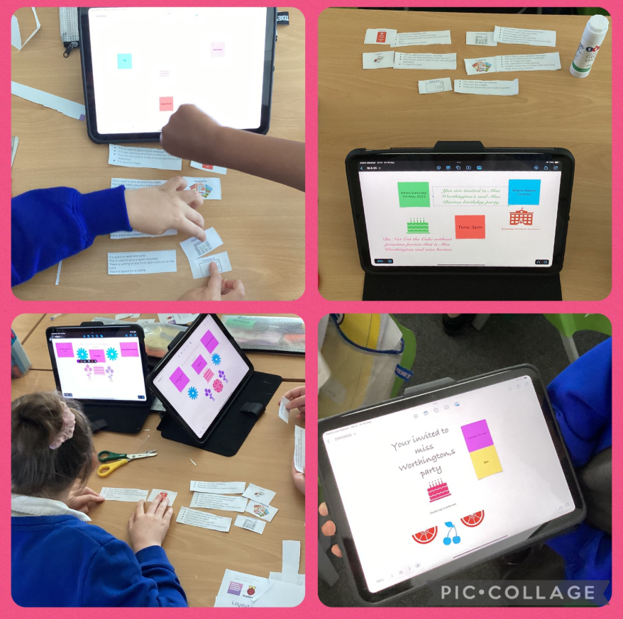 Year 3 have been thinking about what layout, font and colours they should use to most successfully make a birthday invitation as part of our Lay It Out lesson in Computing. We also compared different layouts.
