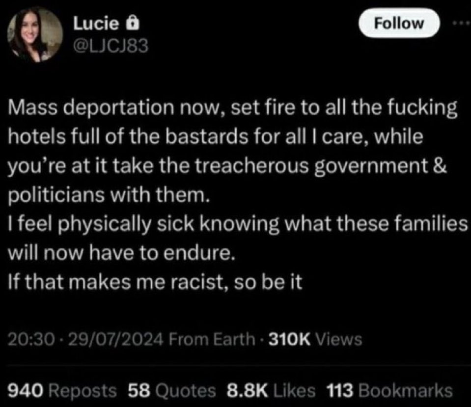 This tweet got Lucy Connolly 31 months in prison. Her appeal was just denied.

Her case epitomises Britain’s two-tier justice system and the mountain of legislation curtailing free speech which needs to be repealed