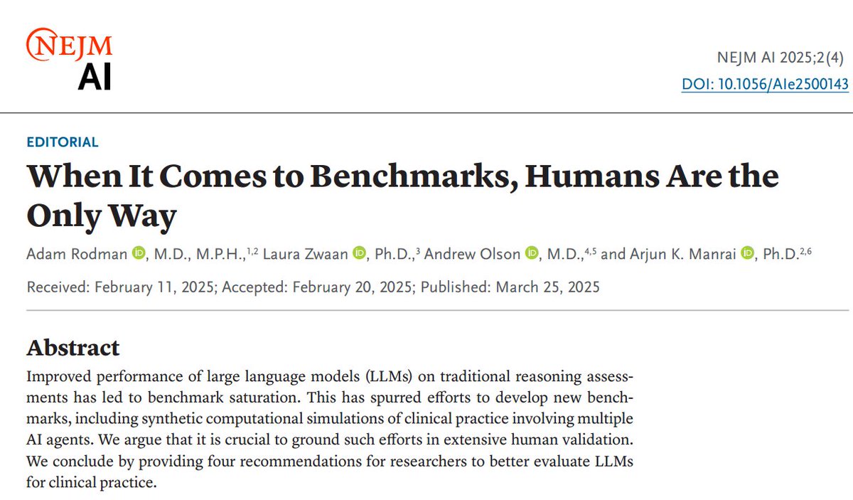 Adam Rodman (@adamrodmanmd) on Twitter photo As someone who studies clinical reasoning and human-computer interaction, I have a LOT of feelings about this, hence this <a href="/NEJM_AI/">NEJM AI</a> editorial with <a href="/arjunmanrai/">Arjun (Raj) Manrai</a> <a href="/LauraZwaan81/">Laura Zwaan</a> and <a href="/andrewolsonmd/">Andrew Olson, MD</a>
(link: ai.nejm.org/doi/full/10.10âŠ) As someone who studies clinical reasoning and human-computer interaction, I have a LOT of feelings about this, hence this <a href="/NEJM_AI/">NEJM AI</a> editorial with <a href="/arjunmanrai/">Arjun (Raj) Manrai</a> <a href="/LauraZwaan81/">Laura Zwaan</a> and <a href="/andrewolsonmd/">Andrew Olson, MD</a>
(link: ai.nejm.org/doi/full/10.10âŠ)