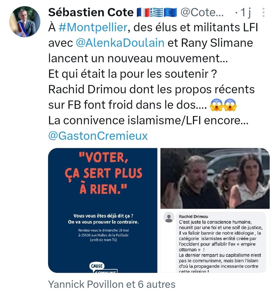 Le mot "islamiste" est aujourd’hui utilisé comme une arme pour salir, disqualifier, criminaliser. 

<a href="/MDelafosse/">Michaël Delafosse - Maire de Montpellier</a> et <a href="/CoteMontpel/">Sébastien Cote 🇫🇷🇬🇷🇪🇺</a> doit s’excuser pour cette diffamation publique.

#Montpellier