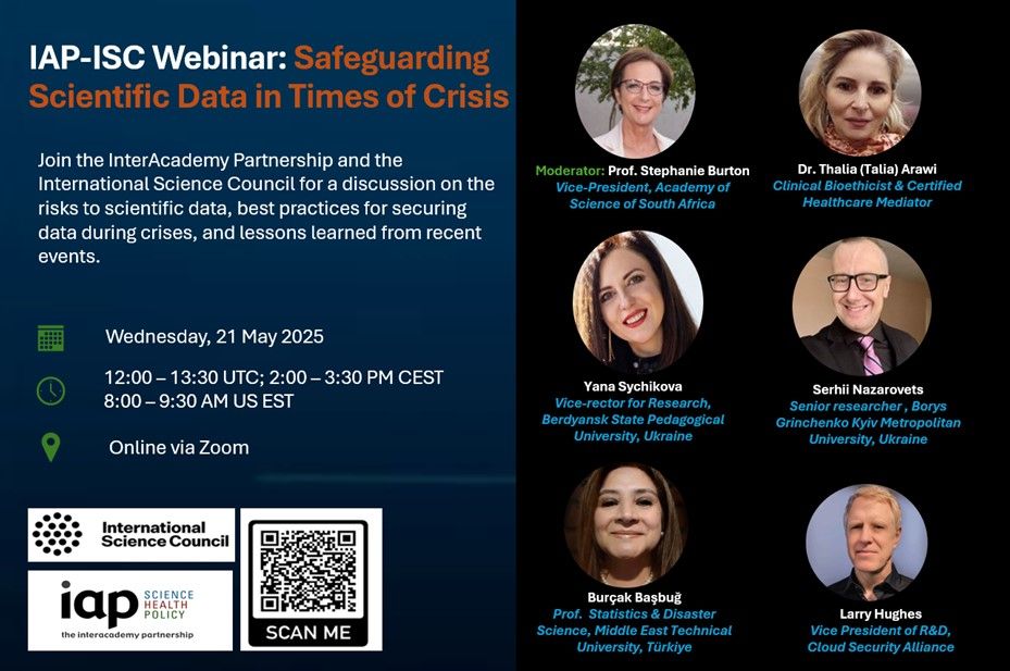 International Science Council (@isc) on Twitter photo 🔴 Reminder: #Webinar - Safeguarding scientific data in times of crisis
📅 21 May 2025 | 12:00–13:30 UTC
Join the ISC and the <a href="/IAPartnership/">InterAcademy Partnership (IAP) 🌍 #science #health</a> for a webinar on protecting scientific data during emergencies. Info and registration ⬇️ council.science/events/iap-isc… 🔴 Reminder: #Webinar - Safeguarding scientific data in times of crisis
📅 21 May 2025 | 12:00–13:30 UTC
Join the ISC and the <a href="/IAPartnership/">InterAcademy Partnership (IAP) 🌍 #science #health</a> for a webinar on protecting scientific data during emergencies. Info and registration ⬇️ council.science/events/iap-isc…