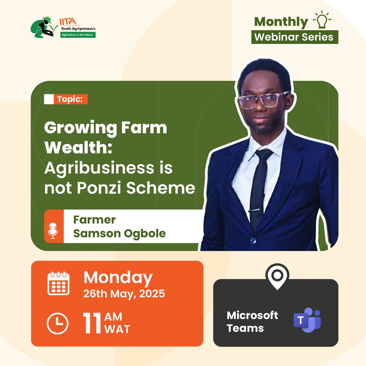 IITA Youth Agrip (@iitayouthagrip) on Twitter photo Join the <a href="/IITAYOUTHAGRIP/">IITA Youth Agrip</a> #WebinarSeries on May 26 with Farmer <a href="/Samsonprolific/">Farmer Samson Ogbole</a> as he shares insights on “Growing Farm Wealth: Agriculture is Not a Ponzi Scheme.”
To participate, simply click the link below:
🔗 bit.ly/IYAAgribusines…
Don’t miss this opportunity to #learn. Join the <a href="/IITAYOUTHAGRIP/">IITA Youth Agrip</a> #WebinarSeries on May 26 with Farmer <a href="/Samsonprolific/">Farmer Samson Ogbole</a> as he shares insights on “Growing Farm Wealth: Agriculture is Not a Ponzi Scheme.”
To participate, simply click the link below:
🔗 bit.ly/IYAAgribusines…
Don’t miss this opportunity to #learn.