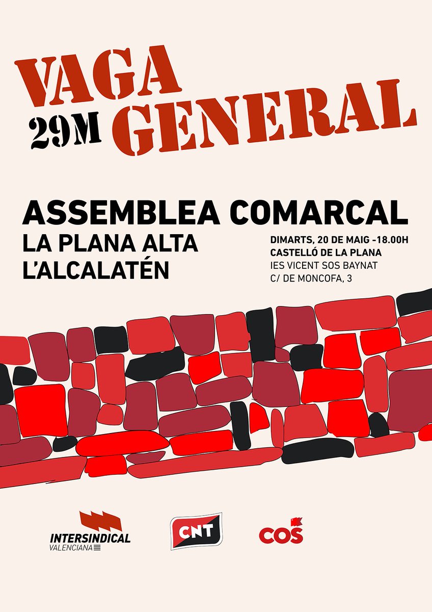 🗣 Assemblea oberta hui a Castelló de la Plana.

📍 18:00 h • IES Vicent Sos Baynat

AVANCEM CAP A LA VAGA GENERAL!
#29MVagaGeneral