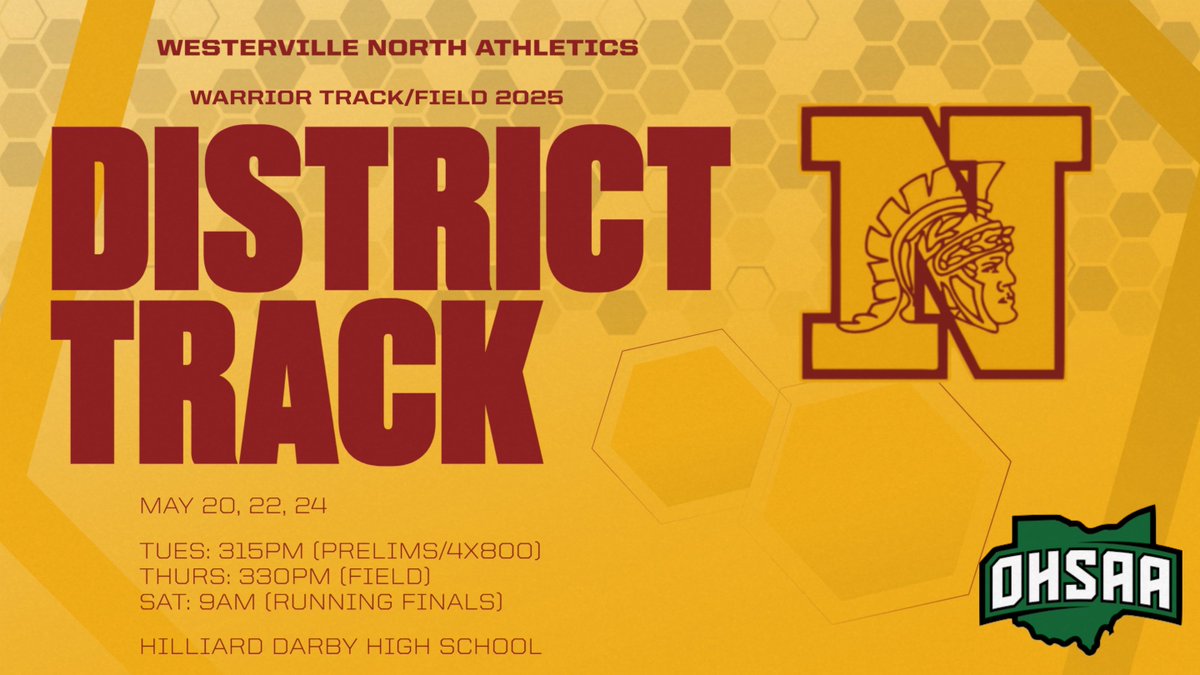 North Warriors AD (@northwarriorsad) on Twitter photo DISTRICT TRACK WEEK!!
Good luck to all our <a href="/wnhs_track/">WNHS TRACK & FIELD</a> athletes Tuesday, Thursday, and Saturday this week at Hilliard Darby for the District Track meet!!
🎟️ ohsaa.org/tickets ($8/$5 or cash at gate)
#ALLN 🏃♀️🏃♂️💪 DISTRICT TRACK WEEK!!
Good luck to all our <a href="/wnhs_track/">WNHS TRACK & FIELD</a> athletes Tuesday, Thursday, and Saturday this week at Hilliard Darby for the District Track meet!!
🎟️ ohsaa.org/tickets ($8/$5 or cash at gate)
#ALLN 🏃♀️🏃♂️💪