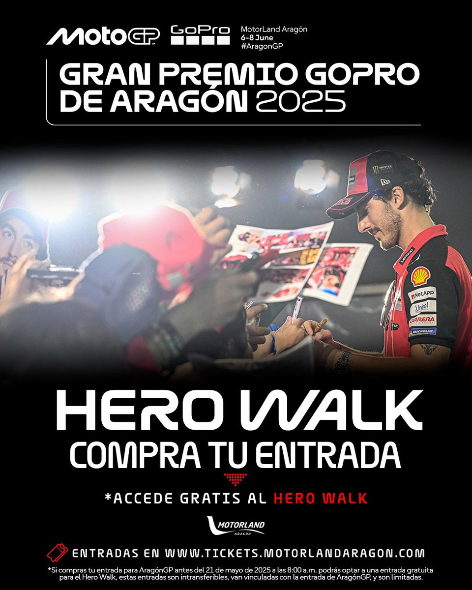 AragonMotorLand's tweet photo. 📝Consigue tu acceso para el #HeroWalk de #AragonGP 🏍️
📅 Mañana miércoles a las 9:00 podrás conseguir tu acceso gratuito al #HeroWalk de #MotoGP para el Gran Premio de Aragón 🏁
Si aún no tienes tu entrada corre‼️y hazte con la tuya 🙌🏼 https://t.co/mRgrSPVjeY