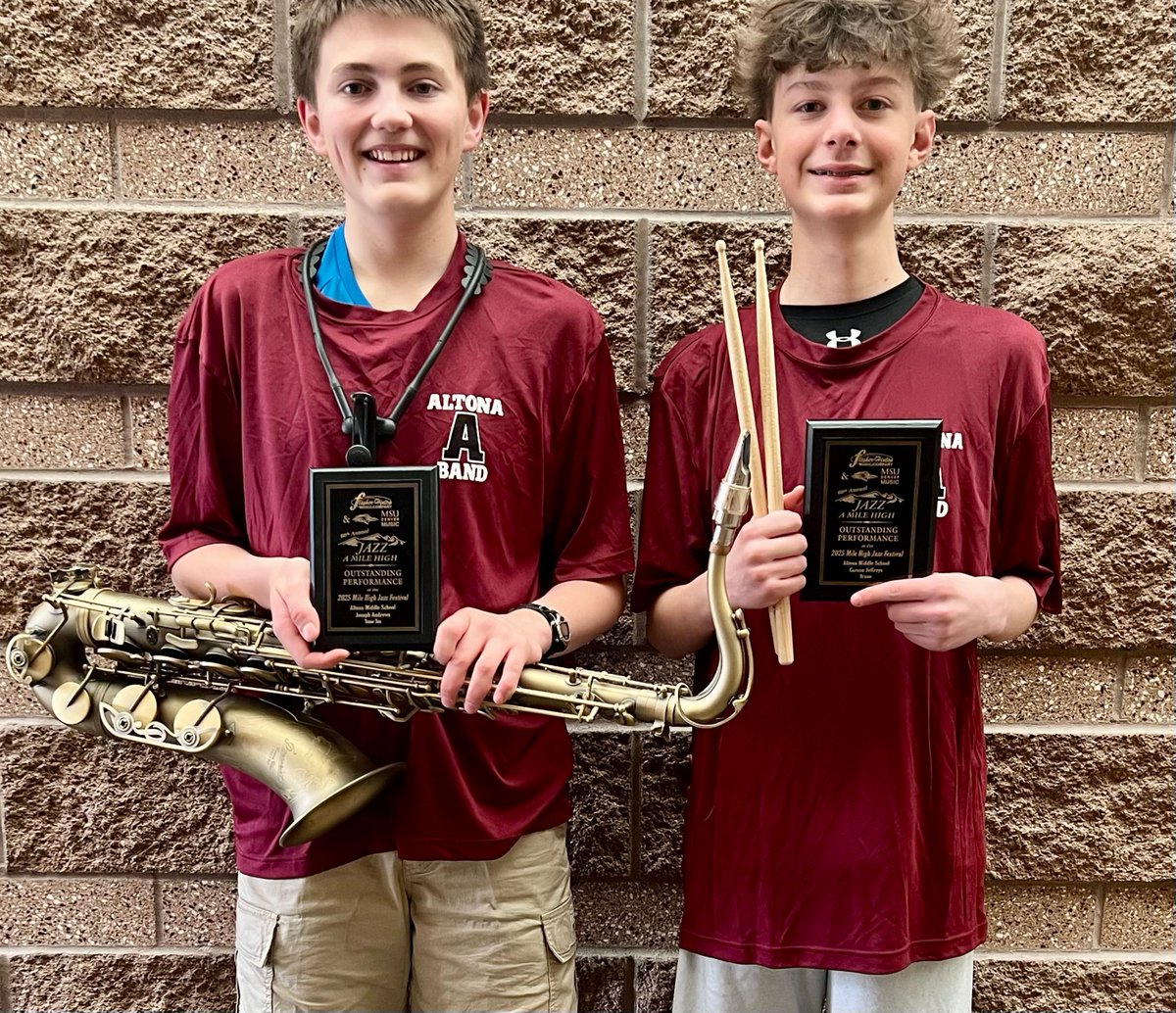 Altona Middle School (@altonams) on Twitter photo Out of 1,000+ musicians from 43 bands (35 HS & 8 MS) at Mile High Jazz Fest, just 20 students were named top performers—and 2 were from <a href="/AltonaMS/">Altona Middle School</a>! Congrats to Joseph and Carson!
<a href="/SVVSD/">St. Vrain Valley Schools</a> @SVVSDsupt <a href="/BuchlerStVrain/">Matt Buchler</a> <a href="/SVVSDdeputy/">Jackie Kapushion, Ed.D.</a> <a href="/SVVSDFineArts/">SVVSD Fine Arts</a> <a href="/lacrosse_jeremy/">Jeremy LaCrosse</a> <a href="/AltonaAP/">M. Travis O’Hair</a> #AltonaWay Out of 1,000+ musicians from 43 bands (35 HS & 8 MS) at Mile High Jazz Fest, just 20 students were named top performers—and 2 were from <a href="/AltonaMS/">Altona Middle School</a>! Congrats to Joseph and Carson!
<a href="/SVVSD/">St. Vrain Valley Schools</a> @SVVSDsupt <a href="/BuchlerStVrain/">Matt Buchler</a> <a href="/SVVSDdeputy/">Jackie Kapushion, Ed.D.</a> <a href="/SVVSDFineArts/">SVVSD Fine Arts</a> <a href="/lacrosse_jeremy/">Jeremy LaCrosse</a> <a href="/AltonaAP/">M. Travis O’Hair</a> #AltonaWay
