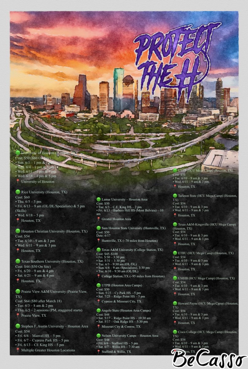 19 Texas schools (D1, D2, D3, NAIA &amp; JUCO) that I know of participating in Houston area camps this summer. There are plenty more online if you’re willing to travel a little. Good luck!

Links: drive.google.com/file/d/1XkVG4V…