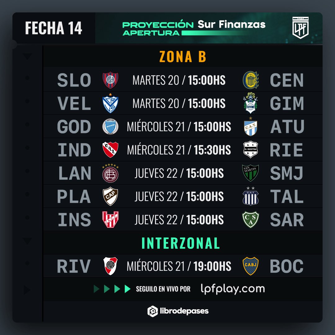 Proyeccion LPF (@proyeccionlpf) on Twitter photo Llegó la anteúltima jornada y aquí los cruces de la #Fecha14 del #TorneoProyección <a href="/surfinanzas/">Sur Finanzas</a> 🏆⚽️
📲 Mirá todos los encuentros GRATIS y en VIVO en @lpfplay
▶️ @lpfplay
💻lpfplay.com Llegó la anteúltima jornada y aquí los cruces de la #Fecha14 del #TorneoProyección <a href="/surfinanzas/">Sur Finanzas</a> 🏆⚽️
📲 Mirá todos los encuentros GRATIS y en VIVO en @lpfplay
▶️ @lpfplay
💻lpfplay.com