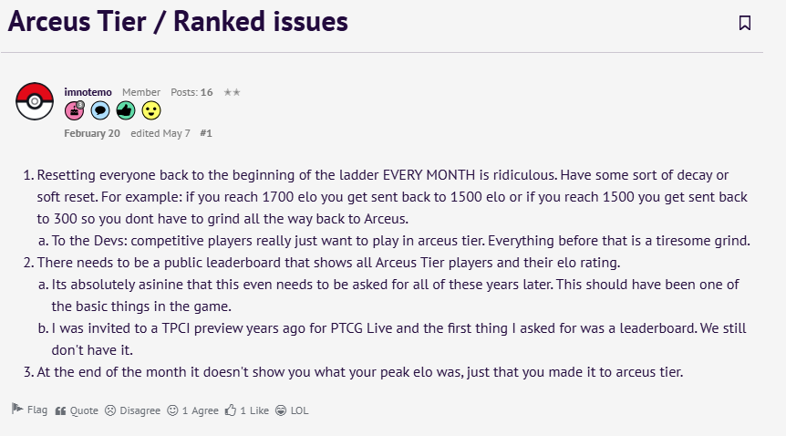 Celios_Network's tweet image. I posted this back in February, just posted a new discussion post in the forum rehashing these complaints that I feel hinder the enjoyment of PTCG Live at a competitive level. 

I'd seriously be so pleased with PTCG Live if these fixes/features were implemented. @PokemonTCG