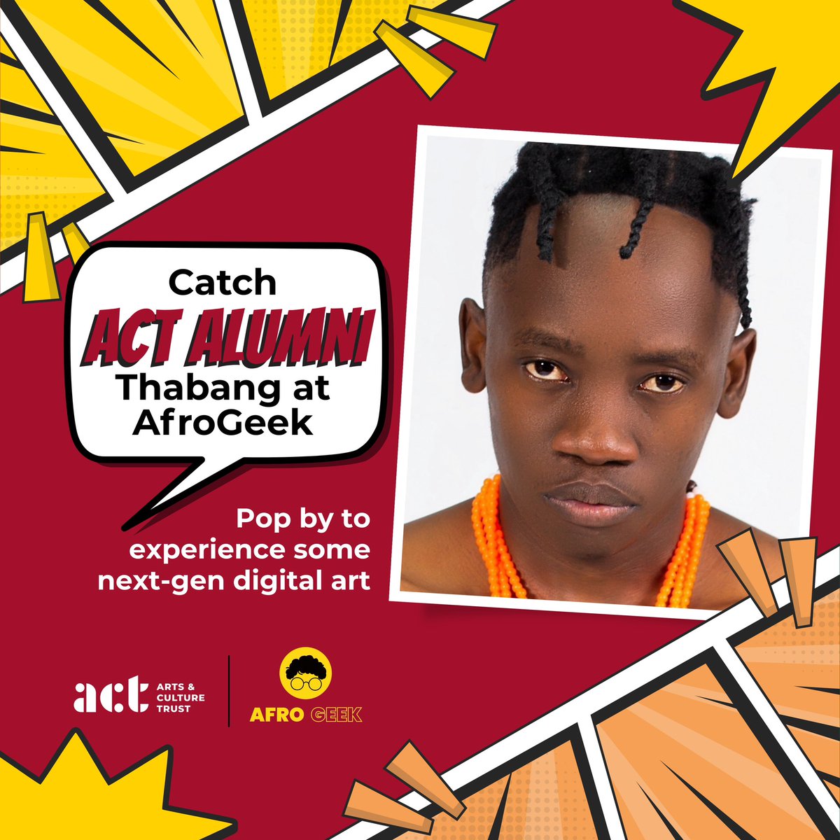 actorgza's tweet image. Talent Alert 🚨

We are super GEEKED to announce that @Thabangmakgakg1 our Nyoloha scholarship alumni, is taking part in the AfroGeek Festival 2025! 💥👾

#ACTSAtalent #Nyoloha #ACTstrat #Sharingiscaring #AfroGeek #GeekCulture #Animation