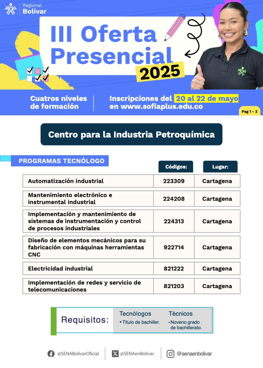 SENAenBolivar's tweet photo. 🔔Automatización Industrial y Procesos de la Industria Química son algunos de los programas que oferta el Centro Petroquímico de @SENAenBolivar en esta III Convocatoria de Formación Presencial 2025 🎓. ¡Inscríbete en el programa de tu interés en 🌐 https://t.co/xp1ZqNTmaO!✨ https://t.co/YKK8dMAUMP